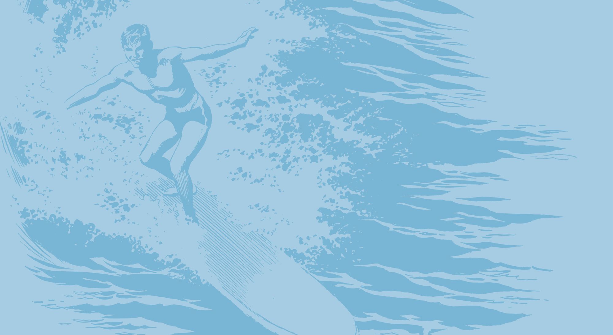 An illustration of a person surfing on a wave, with dynamic water splashes and motion in light blue tones.